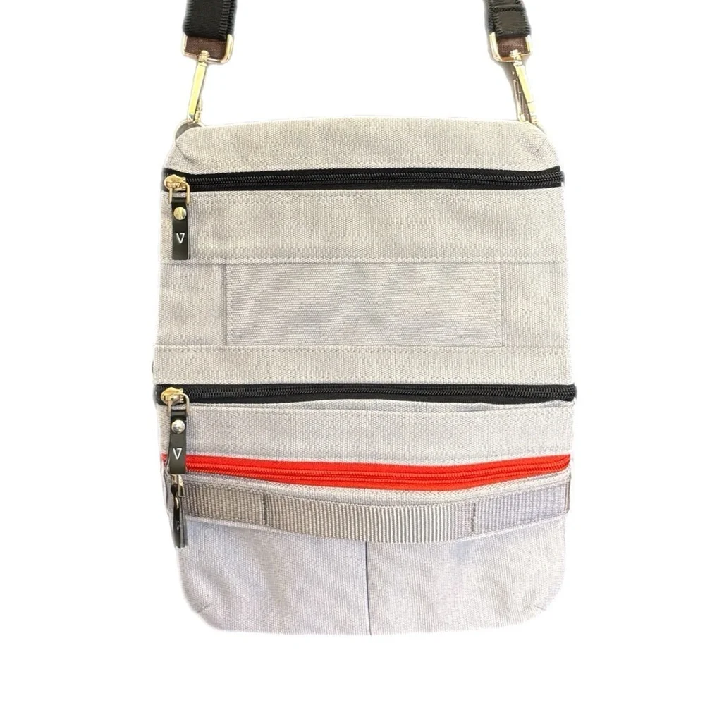 Grey tactical purse w/ red zippers & multiple pockets - Picture 4 of 4